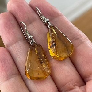 Natural honey amber silver drop earrings